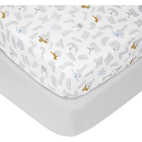 aden + anais Essentials Classic Poplin Crib Sheets, 100% Cotton Fitted Sheet, Standard Crib Mattress Topper for Baby Boys and Girls, 2 Pack, Alphabet Animals