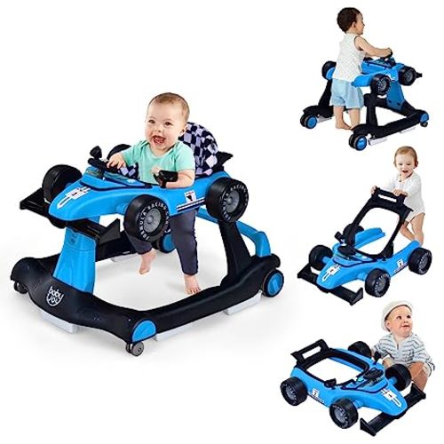 BABY JOY 4-in-1 Baby Walker, Foldable Activity Walker with Adjustable Height & Speed, Music, Lights, Anti-Rollover, Toddler Push Walker, Baby Walker with Wheels for Boys Girls 6-18 Months (Blue)