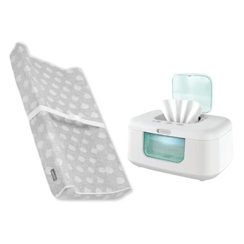 Contoured Changing Pad w/Cover (Gray, Cloud) + Wipe Warmer (Aqua)