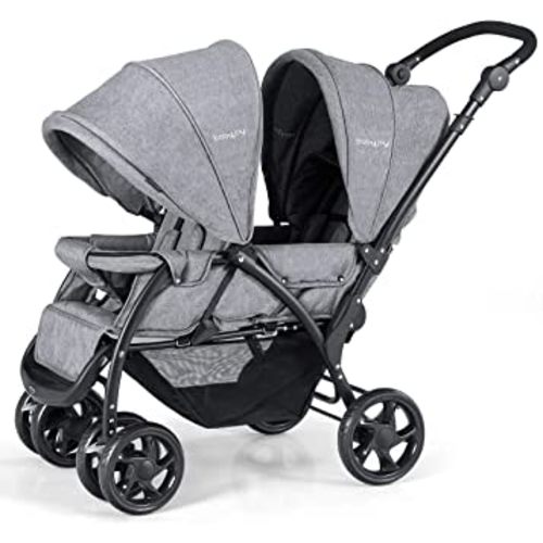 BABY JOY Double Stroller - Foldable Lightweight Twin Stroller with Tandem Seating, Adjustable Backrest/Canopy/Footrest, 5-Point Harness, Storage Basket, Newborn and Toddler (Gray)