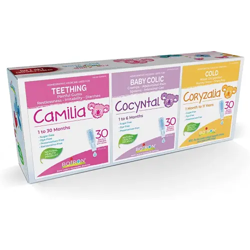 Boiron Baby Box – This gift set contains one box each of Camilia, Cocyntal, and Coryzalia, with 30 doses per product.