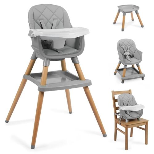 TODEFULL 8 in 1 Wooden High Chairs for Babies Toddlers, Convertible to Booster Seat, Baby Feeding Highchair w/ 5-Point Safety Harness, Removable Tray & Cushion, Gray