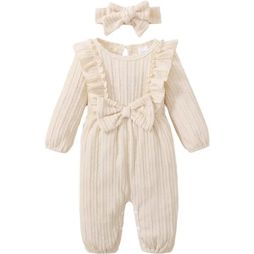 Happy Town Baby Girl Romper Infant Fall Winter Clothes Ruffle Sweater Long Sleeve Bodysuit Jumpsuit and Headband