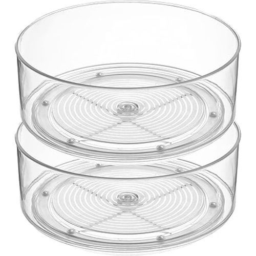 Home Intuition Round Plastic Clear Lazy Susan Turntable Food Storage Container for Kitchen (9" Round, 2 Pack)