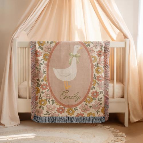 Personalized Floral Goose Baby Blanket, Baby Goose Woven Blanket, Goose Nursery Decor Custom Baby Blanket Floral Baby Shower Goose Baby Gift