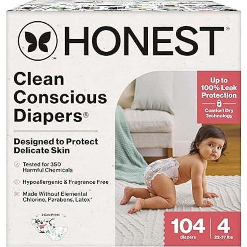The Honest Company Clean Conscious Diapers for Sensitive Skin | Hypoallergenic, Fragrance Free | Gender Neutral Prints | Super Club Box, Size 4 (22-37 lbs), 104 Count