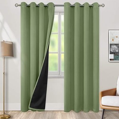 BGment Thermal Insulated 100% Blackout Curtains for Bedroom with Black Liner, Double Layer Full Room Darkening Noise Reducing Grommet Curtain (52 x 84 Inch, Grass Green, 2 Panels)