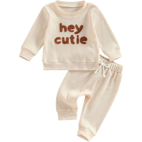 Toddler Baby Girl Boy Fall Winter Waffle Outfit Set Letter Printed Long Sleeve Sweatshirt Tops + Pants
