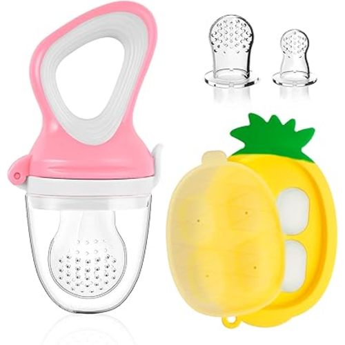 Baby Fruit Feeder with Mini Freezer Tray, Baby Teethers, Breastmilk Popsicle Molds for Baby Teething Relief, Silicone Fresh Food Feeder for Safe Infant Self Feeding (Candy Pink)