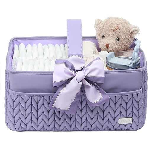 Luxurious Baby Diaper Caddy, Nursery Storage Basket for Newborn Boy and Girl, Travel Baby Basket for Diapers Baby Wipes, Organizer Tote Bag Storage Bin, Baby Shower Gifts (purple)