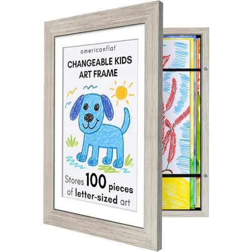 Americanflat Kids Artwork Frame Changeable (Driftwood) - Magnetic Door Holds 100 Art Pieces - 8.5x11 Letter Size Display with Mat or 10x12.5 Without Mat - My Mini Masterpiece