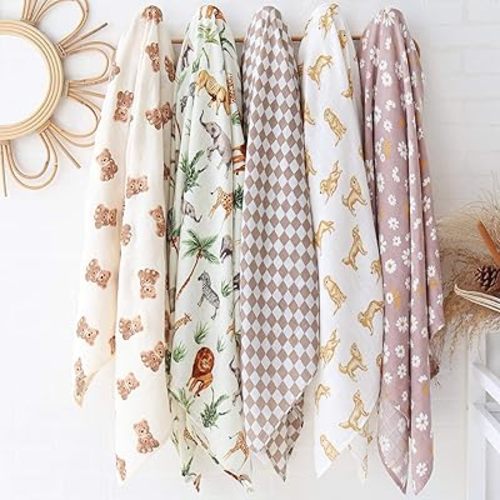 LifeTree Muslin Swaddle Blankets Neutral, Baby Swaddling Wrap Nursery Blanket for Boys & Girls Unisex, Soft 70% Viscose from Bamboo and 30% Cotton, Large 47 x 47 inches, Bear & Checkered Coffee