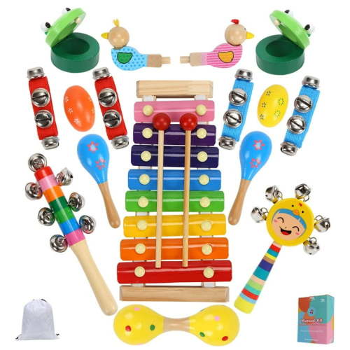 Kids Musical Instruments, Wooden Percussion Instruments Tambourine Xylophone Toys for Kids Children, Preschool Education Early Learning Musical Toy for Boys and Girls
