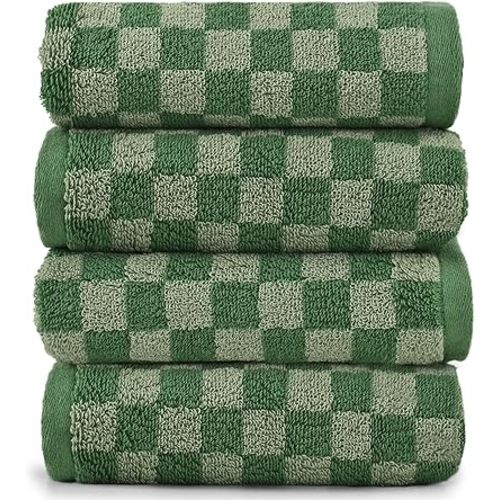 Soft Hand Towels 4 Pack, Green Checkered Face Towel Set for Bathroom Kitchen, Decorative Quick Dry Towel 13x29 Inches