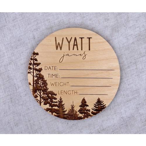 Baby Birth Stats Sign with Trees / Wooden Birth Announcement Circle / Baby Name Sign / Newborn Photography Prop / Nursery Decor