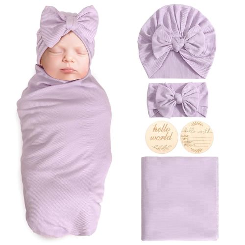 Newborn Receiving Blanket with Bow Hat Headband Wooden Card Set Newborns Toddler Baby Boy Girl Nursery Swaddle Wrap