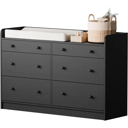 Cozy Castle Baby Dresser with 6 Drawers and Large Table Top, Multi-Functional Chest of Drawer, Drawer Dresser with Three-Sided High Rails for Nursery, Children's Room, Bedroom, Black