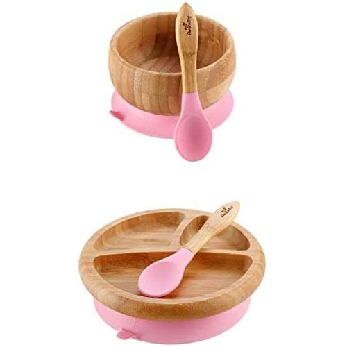Avanchy Bamboo Baby Bowl + Baby Plate + 2 First Stage Spoons. Removable Suction Bottoms. Pink