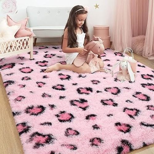 HOMORE Leopard Print Rugs, 3x5 Feet Pink Leopard Rug for Girls Bedroom, Soft Cheetah Print Rugs for Living Room Western Decor, Modern Indoor Fluffy Area Rug for Kids Nursery Dorm Decor