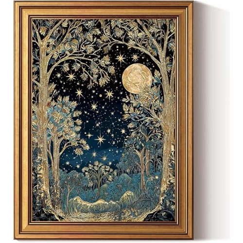 InSimSea Gold Framed Canvas Prints Wall Art, 3D Embossed Vintage Decor, Moon Stars Botanical Aesthetic Paintings, Farmhouse Wall Decor for Bedroom Kitchen Living Room Office Shelf, 12x16inch