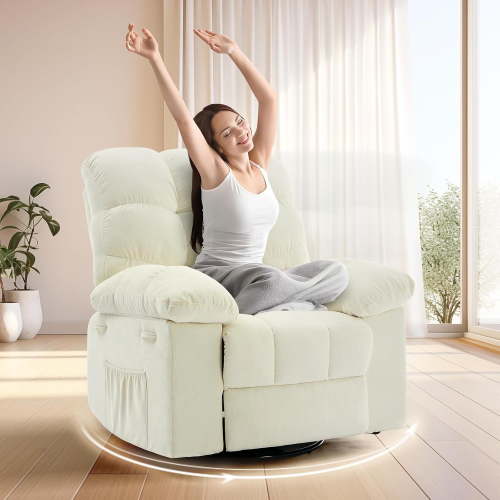 Studyset Recliner Chair, 360° Swivel Rocker Chair for Small Spaces,Upholstered Fabric Glider Nursery Chair with Side Pockets for Living Room,Q235 Steel Frame,Chenille Fabric, Tool-Free Assembly
