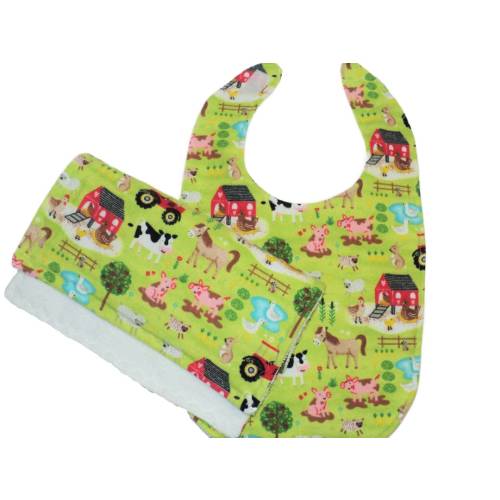 Farm baby bib and burp cloth set, Burping set for boy or girl, Handmade baby gift for farmer, Red tractor, Cow, Pig