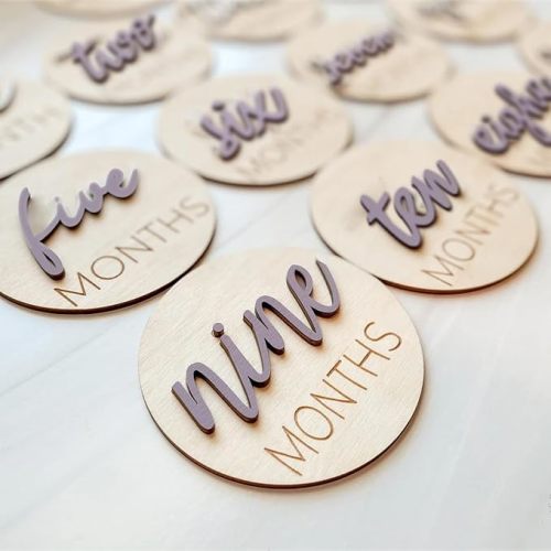 Baby Monthly Milestone Markers Disc, Wooden 3D Milestone Cards for Photos, Baby Announcement Sign,Slate Blue, 1-12 Months, 4 Inches in Size.