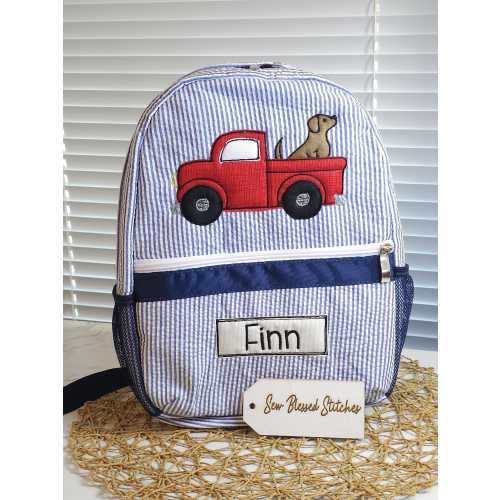 Personalized seersucker backpack, truck applique seersucker backpack with name, applique lunch box, boy diaper bag, baby shower gift