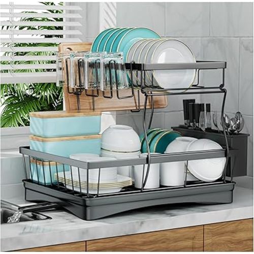 Large Dish Drying Rack for Kitchen Counter, Detachable Large Capacity Dish Drainer Organizer, 2-Tier Dish Racks with Utensil Holder, Black