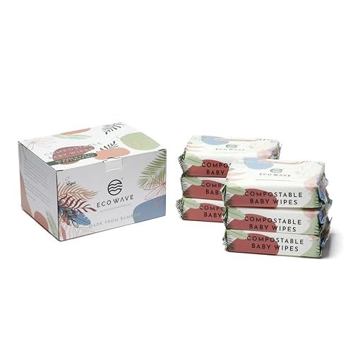 Eco Wave Baby Wipes, 100% Compostable Eco-Friendly Bamboo Wipes, Unscented, Hypoallergenic, Vegan, Alcohol-Free, Suitable For Sensitive Skin (Pack of 6)
