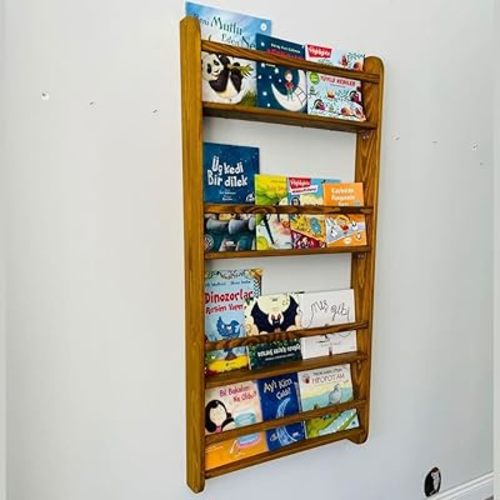 Handmade Solidwood Wall Mounted Montessori Kids Bookshelf, Solid Pine 4 Tier Book Display for Children Bedroom, Nursery Furniture Bookcase, Pine Tree Book Organiser for Living Room (Chestnut)