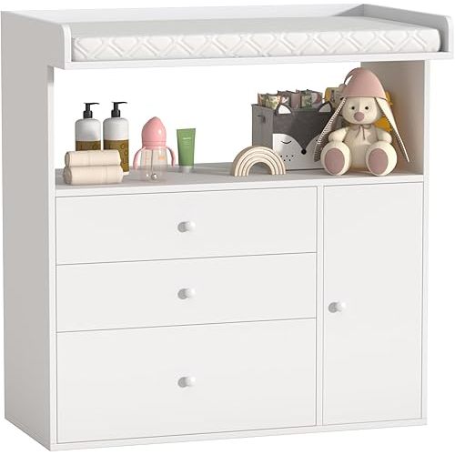 Baby Changing Table Dresser with Wide Tabletop, 3 Drawers & 1 Cabinet, 1 Storage Cubbies，Baby Dresser with Changing Table Top, Perfect for Baby Bedrooms & Nurseries