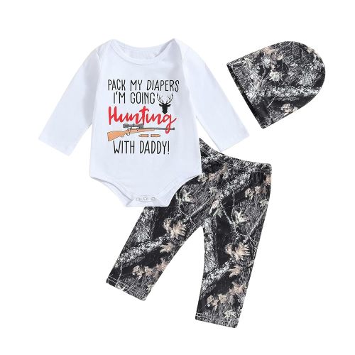 Newborn Baby Boys Long Sleeve Letters Deer Romper Bodysuit Tops Camo Pants with Hat 3 Pcs Outfit Clothes Set