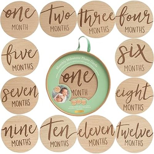 Kate & Milo Wooden Baby Monthly Milestone Photo Props, Round Discs with Classic Cursive Script, Double-Sided Photo Markers for Baby Announcements and Growth Pictures, 1-12 Months