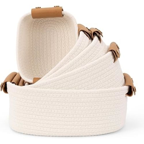 Beautiful Storage Basket Set of 5 - Sturdy Cotton Rope Baskets for Shelves Are Perfect for Organizing Your Home - Quality Storage Bins Easily Fit With Any Nursery or Bedroom Decor