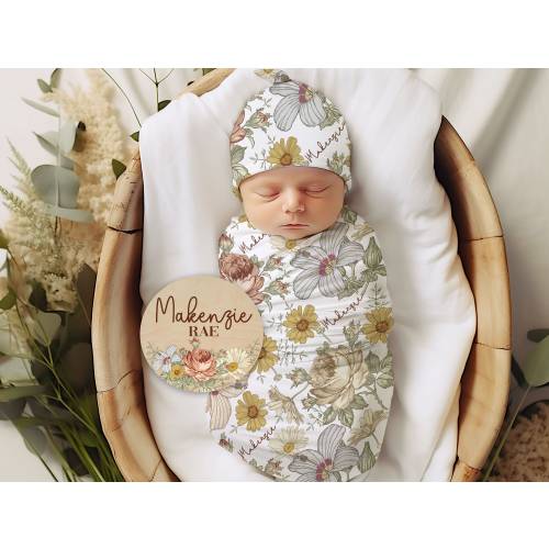 Baby Girl Wildflower Swaddle, Personalized Vintage Floral Baby Blanket with Name Sign