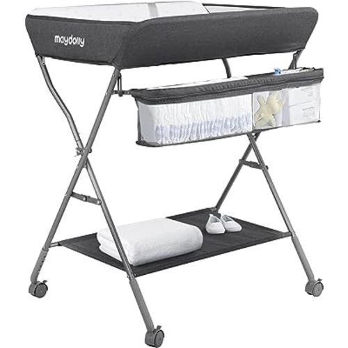 Baby Changing Table with Wheels, Maydolly Portable Adjustable Height Folding Diaper Station with Nursery Organizer & Storage Rack for Newborn Baby and Infant (Dark Grey)