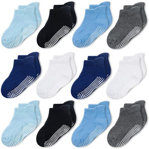 CozyWay Baby Non Slip Socks Toddler Socks With Grips Ankle for Infants Kids Little Girls Boys - Boys 12pk - 6-12 Months