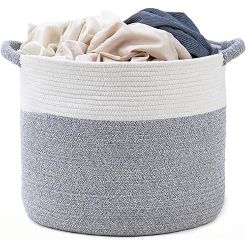 Blanket Basket - Woven Round Rope Storage Basket (16"Wx14"H) for Blankets & Throws, Small Laundry & Toy Organizer, Decorative Living Room & Bedroom Cotton Basket - White & Gray