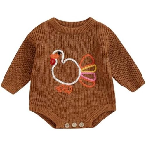 YOKJZJD Newborn Toddler Baby Girl Boy Thanksgiving Outfit Turkey Chunky Knit Sweater Romper Sweatshirt Fall Winter Clothes