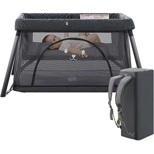 Travel Crib,3 in 1 Portable Crib for Baby, Lightweight Pack and Play for Babies and Toddler, Foldable Travel Baby Playpen with Comfortable Mattress and Carry Bag(Dark Grey)
