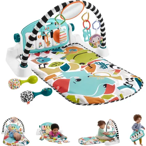 Fisher-Price Baby Gift Set Glow and Grow Kick & Play Piano Gym Blue Playmat & Musical Learning Toy with 2 Rattle Maracas for Newborns Ages 0+ Months