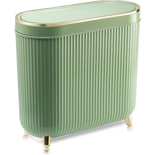 Bathroom Trash Can with Lid 3.2 Gallon Narrow Trash Can Small Plastic Trash Bin 12 Liter with Press Type Lid for Bedroom Bathroom, Mint Green