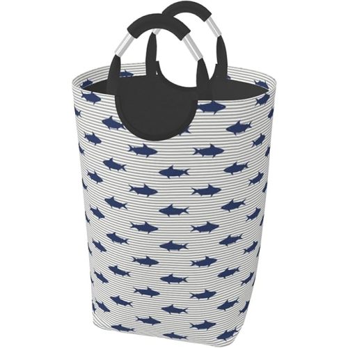 Cute Shark Laundry Basket Ocean Fish Hamper Funny Collapsible Laundry Baskets with Handle Blue Dirty Clothes Hamper Bag for Family Bathroom Decor Storage 50L