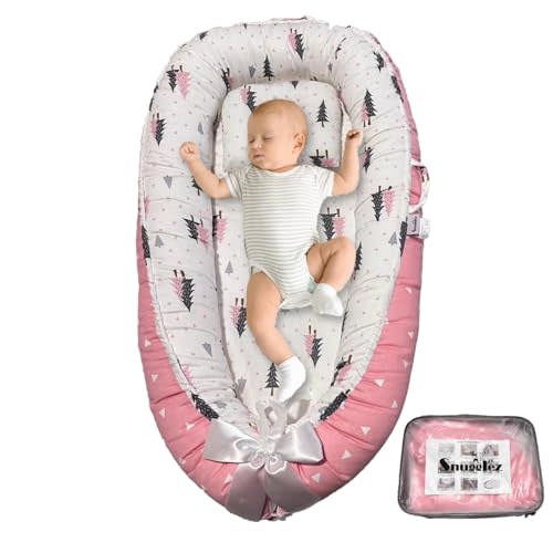 Snugglez Baby Lounger Pillow for Newborn 0-24 Months, 100% Breathable Cotton Baby nest, Reversible co Sleeper for Baby in Bed, Portable Infant Lounger, Newborn Essentials Must Haves - Pink
