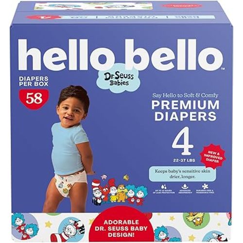 Hello Bello Dr. Seuss Babies Premium Diapers, Size 4, 58 Count: Softness & Protection for Sensitive Skin
