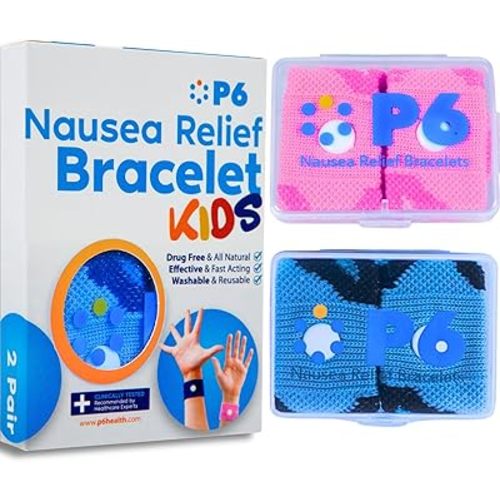 P6 Motion Sickness Bands for Kids Children’s Wristbands for Anti Nausea Sea Cruise Travel Car Sickness All-Natural Non Drowsy Relief Acupressure Treatment (2 Pack, Pink - Blue)