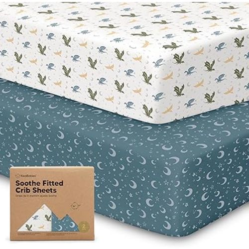 KeaBabies 2-Pack Organic Crib Sheets for Boys, Girls, Jersey Fitted Baby Crib Sheets Neutral, Cotton Breathable Crib Sheet, Cute Printed Crib Mattress Sheet, Baby Mattress Sheets (Dragon Tale)