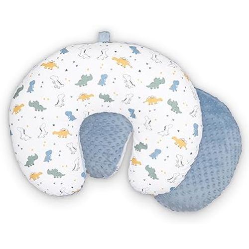 Double-Sided Baby Nursing Pillow Cover Set - 2 Pack - Soft Unisex Breastfeeding Dinosaur Pillow Cover for Girl & Boy with Hanging Loop - Multipurpose Washable Slipcover Case with Waterproof Liner