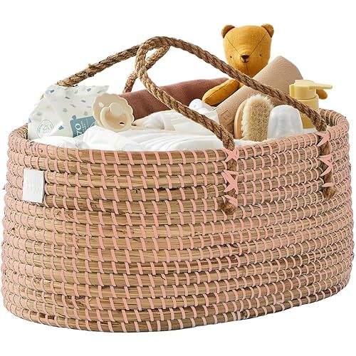 Premium Pink Baby Diaper Caddy Organizer -Handmade - Seagrass Basket With Cotton Divider - Award-Winning & Luxury Pink Diaper Caddy Basket - (Blush)